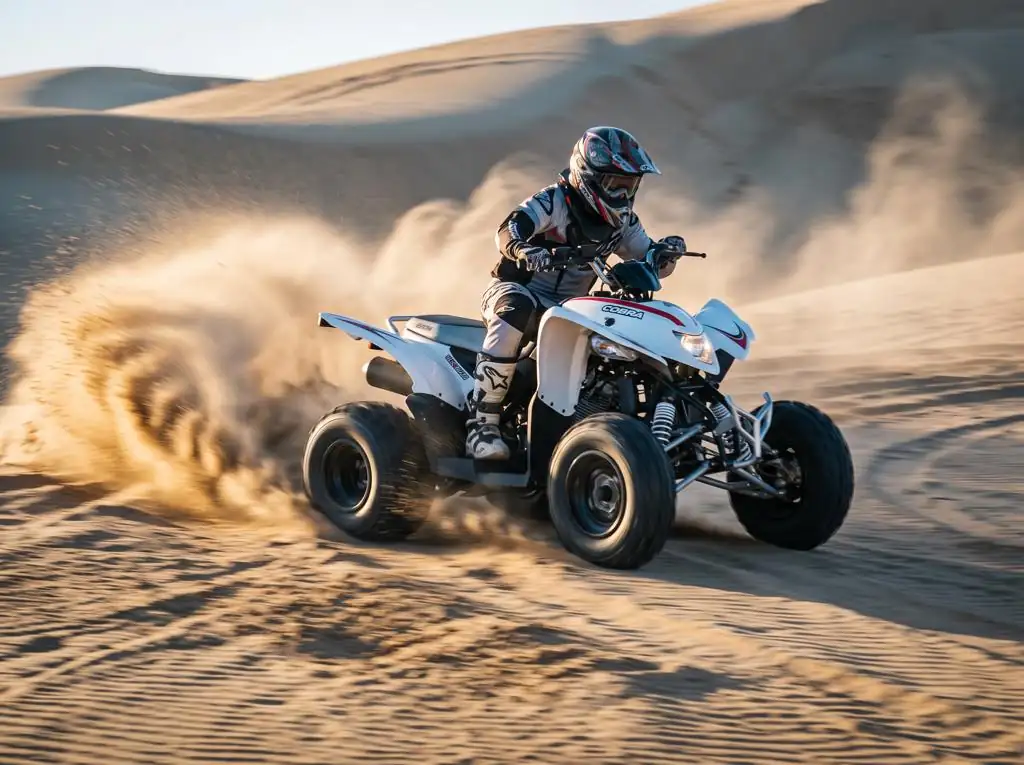 White Aeon Cobra 400 quad bike drifting on a Dubai sand dune