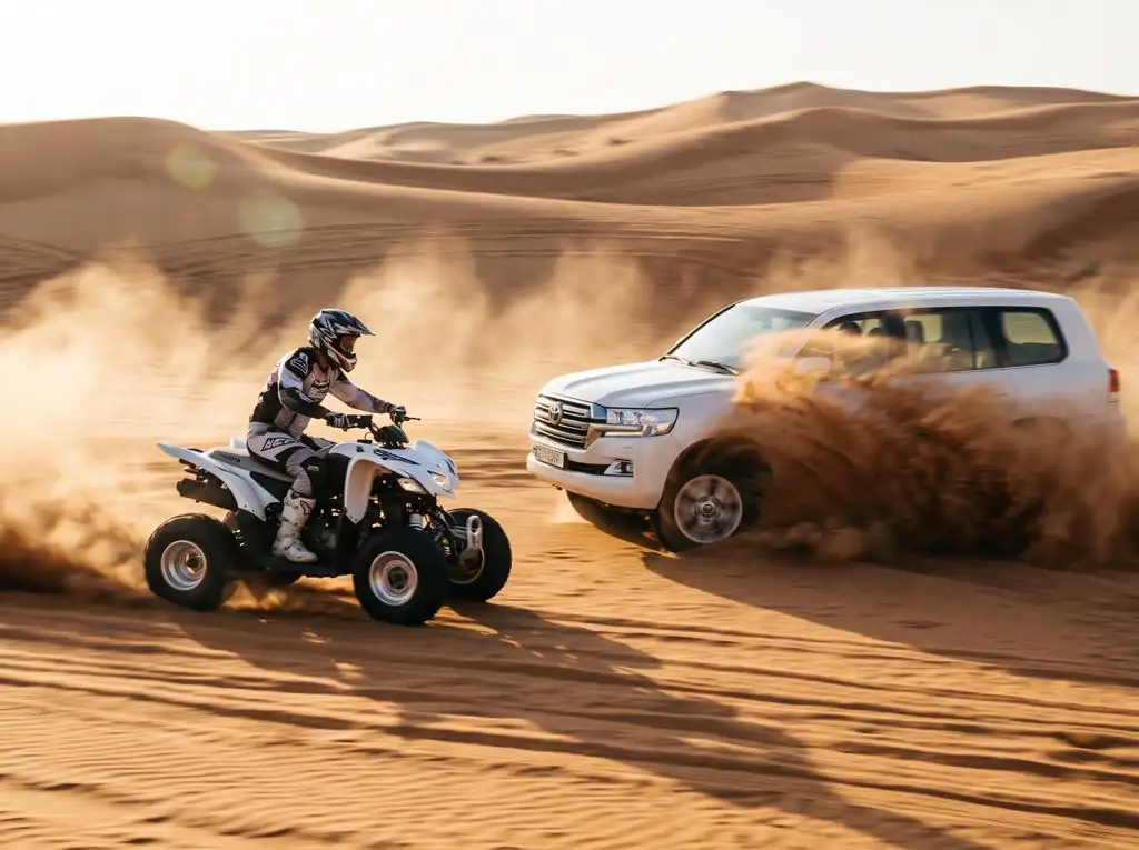 Safari with quad bike - white quad racing Land Cruiser in desert