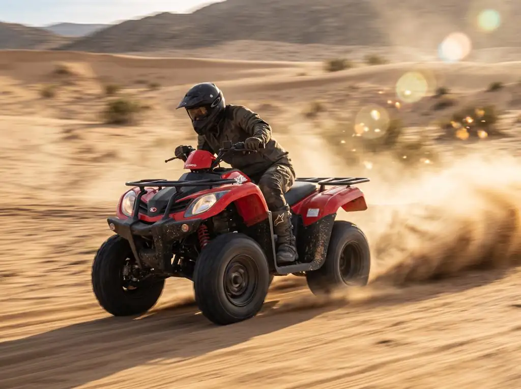 Red Kymco MXU 250 quad bike riding through desert sand in Dubai