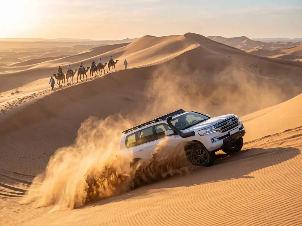 Morning desert safari Land Cruiser with camels - Dubai dunes
