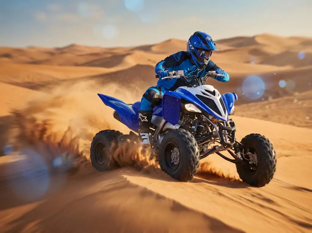 Blue Yamaha Raptor 700R sport quad jumping a dune crest in Dubai